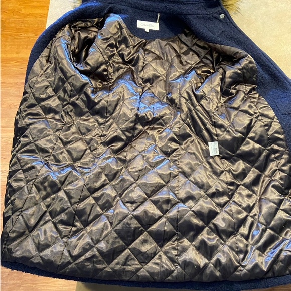Calvin Klein Blue Faux Fur removable hood coat Size 2 - Picture 3 of 8